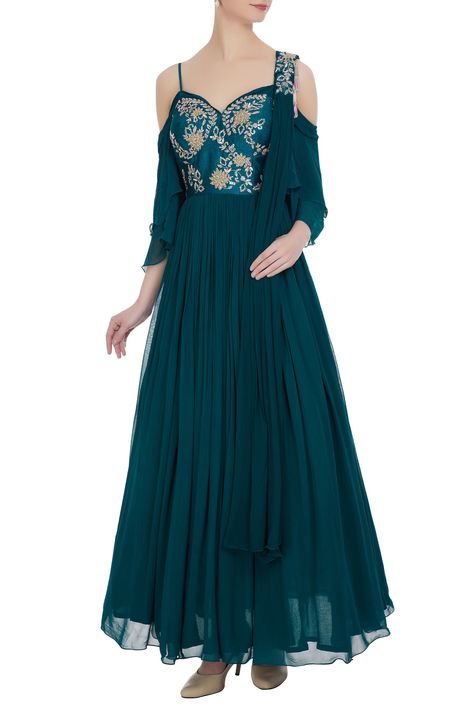 Teal Anarkali, Cold Shoulder Kurti, Silk Corset, Cold Shoulder Sleeves, Kurta Style, Dramatic Style, Vintage Corset, Sequin Embroidery, Corset Bodice