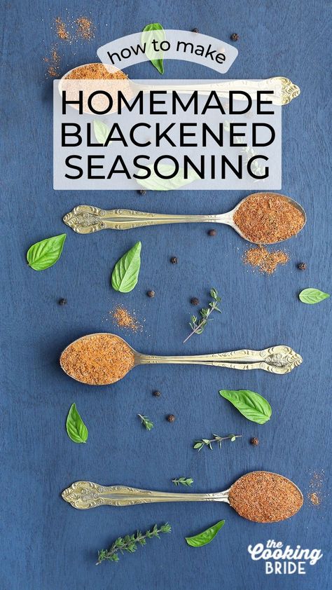 Spoons of blackened seasoning lined up on a table with fresh herbs and spices scattered around. Blackening Seasoning Recipe, Blackened Seasoning Recipe, Blackened Seasoning, Favorite Chicken, Spice Rub, Creole Recipes, Homemade Seasonings, Spaghetti Sauce, Barbecue Sauce