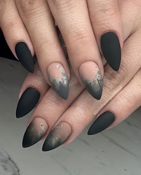 Long Black Matte Nails, Noels Lament, Graveyard Nails, Nail Picking, Black Halloween Nails, Latest Nail Designs, Matte Black Nails, Cute Halloween Nails, Gothic Nails