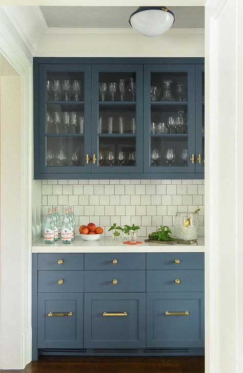 Square Backsplash, University Kitchen, Blue Pantry, Pantry Features, Kitchen 2025, Blue Shaker Cabinets, Backsplash With White Cabinets, Trendy Kitchen Backsplash, Transitional Kitchen Design