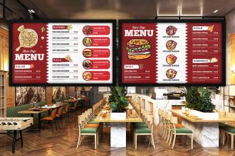 Menu Design Services by Freelance Menu Designers | Fiverr Tv Menu Design, Static Tv Screen, Menu Board Restaurant, Design Produk, Menu Board Design, Mcdonald Menu, Restaurant Layout, Digital Menu Boards, Custom Menu