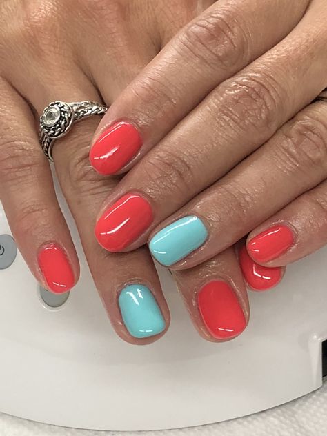 Summer Coral Aqua Gel Nails  Light Elegance Let’s Pollinate, None of your Beeswax Beachy Gel Nails Summer, Coral And Aqua Nails, Coral Blue Nails, Red And Turquoise Nails, Aqua Gel Nails, Blue And Coral Nails, Coral And Blue Nails, Coral And Teal Nails, Gel Nail Light