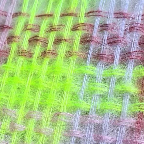 Michelle Robinson | Fibre Art on Instagram: "Some neon mohair energy for this overcast morning...and it coordinates rather well with the last post cover piece 💚 . . . . . . . . . . . #mohair #plaid #australianartist #australianfibreartists #weaving #modernweaving #wovenloom #weavingart #wovenwallart #wovenwallhanging #fiberart #fibreart #colourlover #ihavethisthingwithcolour #colourcrush #wallhanging #slowart #wovenart #wovenglow" Wefty Fabric Weaving, Leno Weave Fabric, Traditional Festive Weaving Work Fabric, Weaving With Mohair, Monochrome Weaving, Neon Colour Palette, Slow Art, Fluorescent Colors, Woven Wall Art