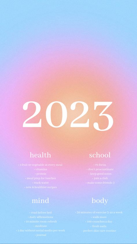 Pink, purple, blue, and orange aura back ground with resolutions for 2023 on the bottom half of the screen with a large 2023 in the center. Healthy Body And Mind Picture, 2023 Aura, Glow Up List, 2023 Resolutions, 2023 Resolution, Focus Vitamins, Wallpaper Manifestation, Aura Posters, 2023 Goals