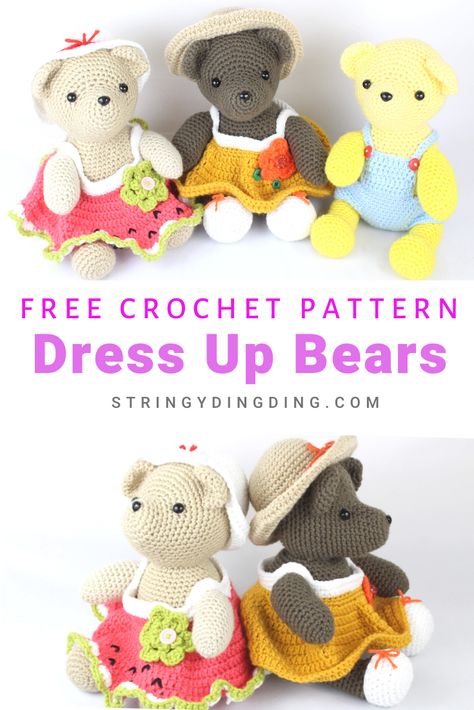 Crochet Dress For Stuffed Animal, Crochet Stuffed Animal Clothes Free Pattern, Crochet Teddy Bear Dress Free Pattern, Crochet Bear With Clothes, Crochet Amigurumi Hat, Dress Overalls, Crochet Toys Free Patterns, Crochet Bear Patterns, Crochet Toys Free