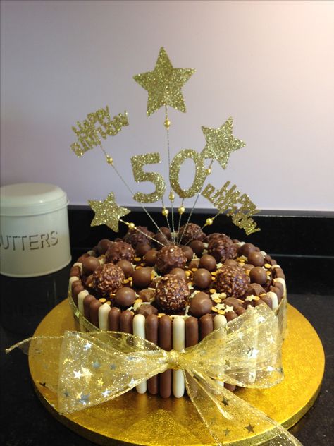 Chocolate Cake 70th Birthday, 40th Chocolate Birthday Cake, Chocolate Cake 50th Birthday, Chocolate 50th Birthday Cake, 50 Years Birthday Cake, Cake With Ferrero Rocher On Top, Chocolate Cake For 50th Birthday, Chocolate Cake Ferrero Rocher, Birthday Cake Gold