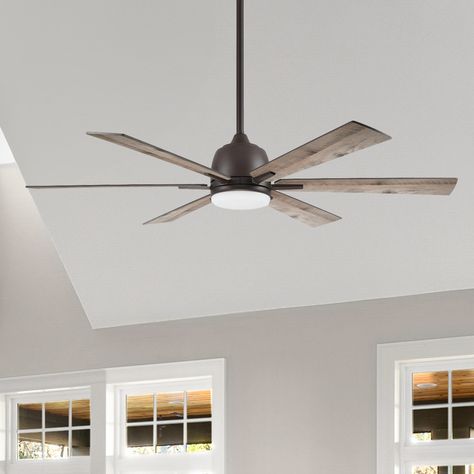 This striking bronze ceiling fan from the Bradbury collection brings a touch of class to your home. Contemporary styling lends itself to many different decors. This fan features a maintenance free LED light kit to ensure maximum performance and efficiency without compromising style. Harbor Breeze Bradbury 60-in Bronze Integrated LED Indoor Downrod or Flush Mount Ceiling Fan with Light and Remote (6-Blade) | BRD60OSB6LR Two Story Ceiling Fan, Ceiling Fans For High Ceilings Living Room, Farmhouse Bedroom Ceiling Fan With Light, Living Room Fan Vaulted Ceiling, Rustic Farmhouse Ceiling Fan, Home Office Ceiling Fan, Ceiling Fan Ideas Living Rooms, Farmhouse Ceiling Fan Living Room, Modern Farmhouse Ceiling Fan With Light