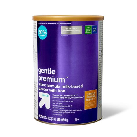 Compare to the nutrition of Enfamil Neuropro Gentlease. up & up™ Gentle Premium Infant Formula offers complete nutrition to support your baby's growth, brain and general development. For fussiness, gas and crying, this soothing formula contains Gentle Immune Blend 6 with 2’-FL HMO, Vitamin C and E, Selenium, Partially Hydrolyzed Whey Protein, Reduced Lactose (has 20 percent the lactose compared to our full lactose, routine, milk-based Infant Premium formula). Human Milk Oligosaccharide not from Enfamil Neuropro, Formula Milk, Human Milk, Infant Formula, Milk Packaging, Complete Nutrition, Baby Growth, Cosmetic Design, Growth Hormone