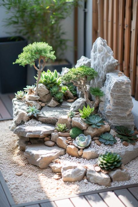 Suculants Ideas Outdoor, Landscaping Without Grass Ideas, Rock Garden Succulents Landscape Design, Zen Garden With Succulents, Succulent Zen Garden, Stone And Succulent Garden, Decoracion Suculentas Ideas, Stone Garden Ideas, Rotstuin Ideas