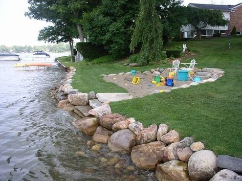 Lakehouse Backyard Landscaping, Creek Bank Landscaping, Lakeside Landscaping, Lake Landscaping, Lakeside Beach, Lakehouse Ideas, Lake Dock, Lakeside Living, House Yard