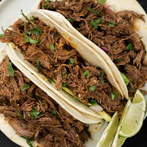 Instant Pot Mexican shredded Beef Tacos Recipe Spicy Shredded Beef, Shredded Beef Tacos Recipes, Shredded Beef Tacos, Mexican Shredded Beef, Gluten Free Instant Pot, Beef Tacos Recipes, Eating On A Dime, Chipotle Peppers, Beef Tacos