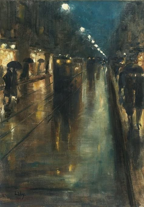 1920s Paintings, Night Street, My Funny Valentine, Arte Inspo, Ethereal Art, Classical Art, Street Scenes, Old Art, In The Rain