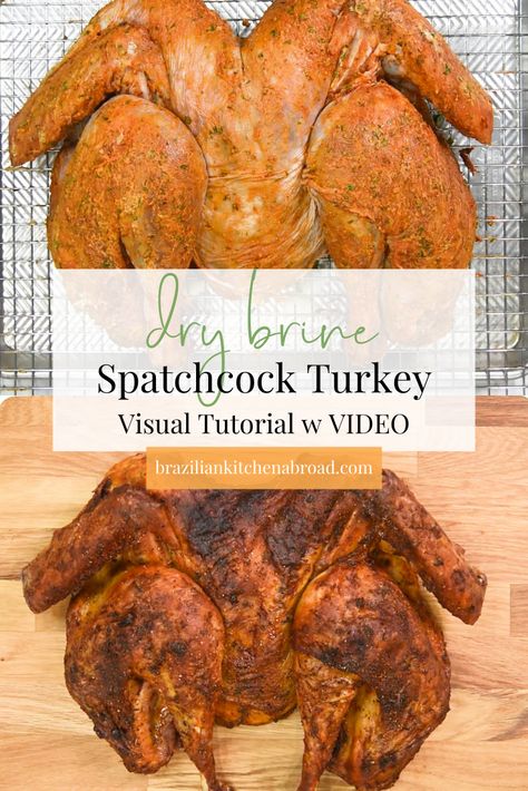 This dry brine spatchcock turkey recipe will give you a juicy, delicious turkey. An easy recipe that features simple spices and seasonings you probably already have at home. So, simple and so incredibly flavorful, you'll never want to prepare a turkey any other way—especially if you combine this brine with this compound butter at the time of baking. Don't feel like baking your turkey? That's OK! You can also use this dry brine recipe to prepare your spatchcock turkey for grilling or smoking! Spatchcock Turkey Dry Brine, Dry Brine Spatchcock Turkey Recipes, Dry Brine Spatchcock Turkey, Dry Turkey Brine Recipe, Spachocked Turkey, Dry Brine Turkey Recipes, Dry Brine For Turkey, Spatchcock Turkey Recipe, Preparing A Turkey