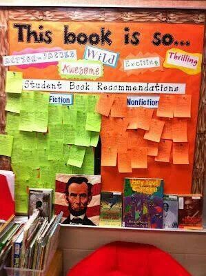 Book recommendation wall Book Recommendations Bulletin Board, Classroom Library Organization, Reading Display, Library Organization, 4th Grade Reading, Teaching Literacy, Library Displays, Reading Workshop, Reading Classroom