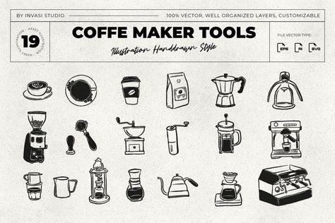 Hand-Drawn Coffee Maker Tools Illustration Coffee Maker Illustration, Coffee Machine Illustration, Tools Illustration, Small Illustrations, Coffee Tools, Coffee Doodle, Cafe Branding, Coffee Drawing, Coffee Equipment