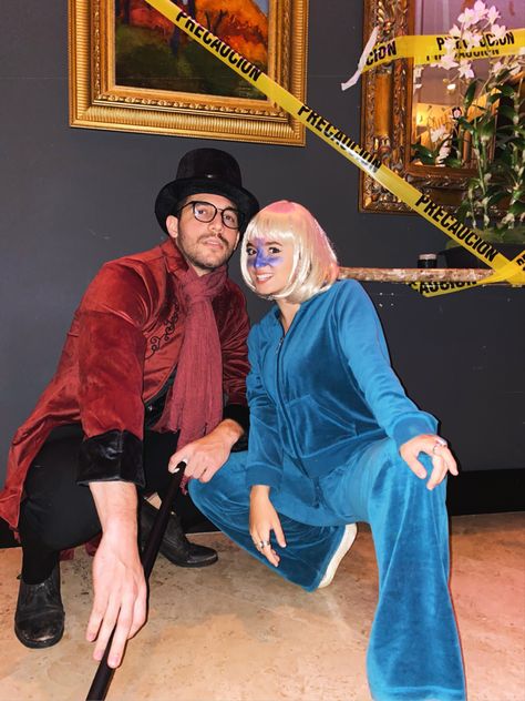 Willy Wonka and Violet Beauregarde halloween costume Violet Wonka Costume, Violet Bauregaurde Costume, Halloween Costumes For Blonde Couples, Violet And Willy Wonka Costume, Wonka And Violet Costume, Willy Wonka Couples Costume, Modest Couple Costumes, Willy Wonka And Violet Costume, Movie Duo Halloween Costumes