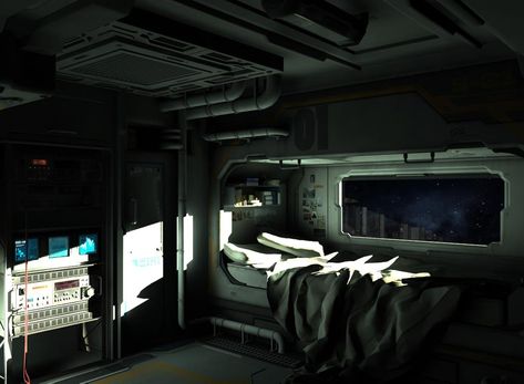 Crew Quarters by https://www.deviantart.com/guilhem-bedos on @DeviantArt Sci Fi Room, Game Star, Spaceship Interior, Crash Test, Fiction Idea, Futuristic Interior, Book Writing Inspiration, Space Room, Space Interiors