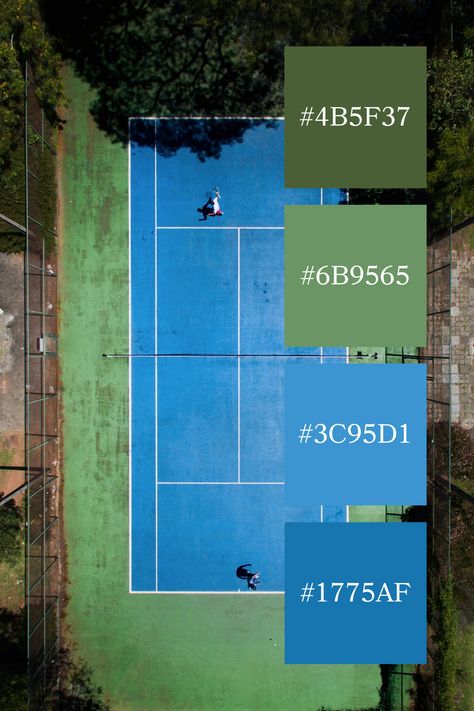 This aerial shot of a tennis court beautifully showcases a blue green purple color palette, with vibrant blue court surfaces bordered by lush green surroundings, creating a fresh and dynamic feel. Tennis Color Palette, Green Purple Color Palette, Blue Green Purple Color Palette, Blue Green Color Palette, Blue Court, Color Scheme Generator, Purple Color Palette, Blue Green Color, Green Color Palette