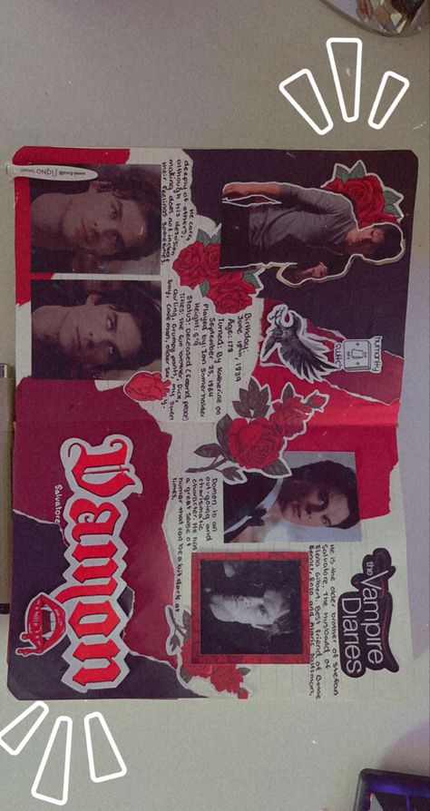 Scrapbook, Damon Salvatore, vampire, the vampire diaries, cute, tv show character. Vampire Diaries Journal Ideas, Tvd Scrapbook Ideas, The Vampire Diaries Journal Ideas, Tvd Journal, Vampire Diaries Art, Marvel Lover Aesthetic, Character Scrapbook, Vampire Diaries Scrapbook Ideas, Vampire Diaries Drawings