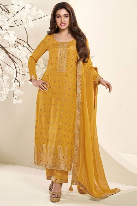 Nidhi Shah Amber Yellow Muslin Jacquard Kurta Suit Set Plazzo Dress, Mustard Yellow Outfit, Georgette Palazzo, Celana Fashion, Heavy Dupatta, Readymade Salwar Kameez, Dress Salwar Kameez, Georgette Tops, Palazzo Suit