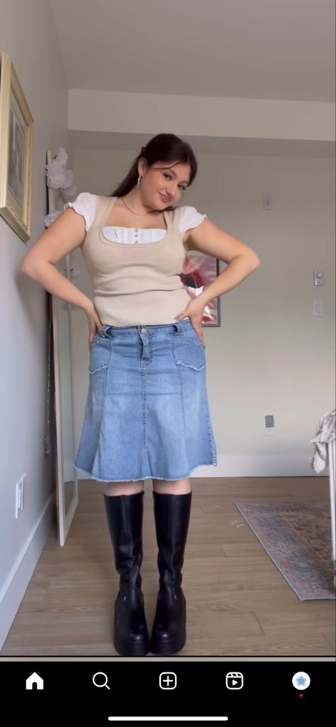 Knee Jean Skirt Outfits, Knee Length Denim Skirt Outfit, Knee Length Jean Skirt, Knee Length Jean Skirts, Funky Pants, Denim Skirts Knee Length, Jean Skirt Outfits, Denim Skirt Outfits, Fit Inspo