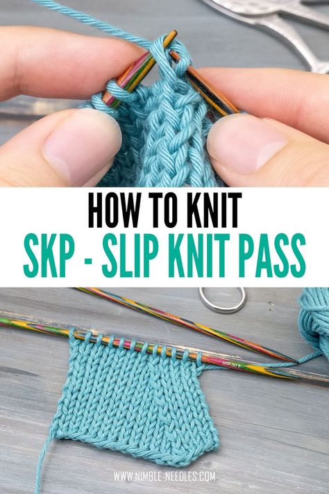 someone knitting skp and a swatch with the left-leaning decrease Knitting Starting, Advanced Knitting Techniques, Knit Stitches For Beginners, Knitting Increase, Knitting Quilt, Knitting 101, Knitting Hacks, Knitting Basics, Crochet Slipper Pattern