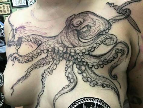 Naomi Chi Alex Tabuns, Octopus Tattoo Sleeve, Kraken Tattoo, Octopus Tattoo Design, Octopus Tattoos, Octopus Tattoo, Stomach Tattoos, Sternum Tattoo, Tattoo Parlors