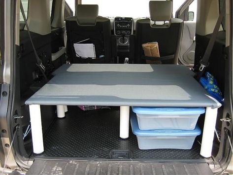 Bed Platform with IKEA Legs | Honda Element Owners Club Bed Platform Ideas, Ikea Table Legs, Honda Element Camping, Van Pictures, Ikea Legs, Minivan Camper Conversion, Minivan Camping, Suv Camping, Ikea Table