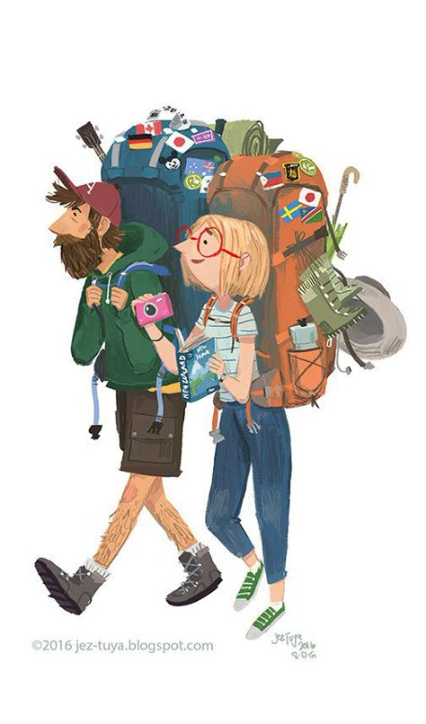 I find travelers that haul large, overloaded backpacks fascinating 동화 삽화, Couple Drawing, Desain Editorial, 캐릭터 드로잉, Couple Illustration, Travel Illustration, Hand Drawing, Illustration Inspiration, Illustration Character Design