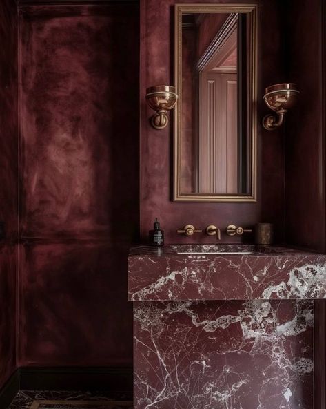 Ryan Saghian, Burgundy Bathroom, Victorian Bathroom, Powder Room Design, Bathroom Red, Jw Marriott, Bathroom Inspiration Decor, Marble Bathroom, Beautiful Bathrooms