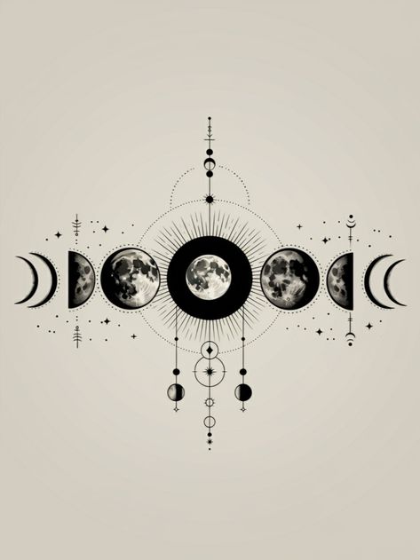 An artistic depiction of the phases of the moon in a symmetrical, geometric pattern, featuring crescent to full moons with celestial symbols on a dark background. Celestial Aesthetic Art, Pagan Poems, Moon Phase Sketch, Moon Cycle Art, Moon Phases Line Art, Abstract Moon Phases Tattoo, Lovers Spiritual, Moon Glyphs, Moon Phases Vintage Poster