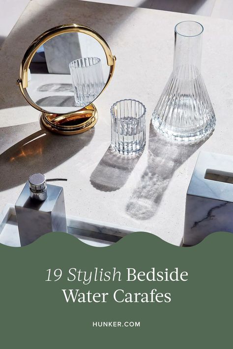 Between pops of color and unique designs, we rounded up the best (and most stylish) bedside carafes to add to your nightstand. #hunkerhome #watercarafe #carafeideas #carafe Bedside Water Carafe Ideas, Bedside Carafe Set, Bedside Carafe Aesthetic, Water Carafe Bedside, Outdoor Glassware, Bedside Water, Bedside Water Carafe, Bedside Carafe, Elevated Homes