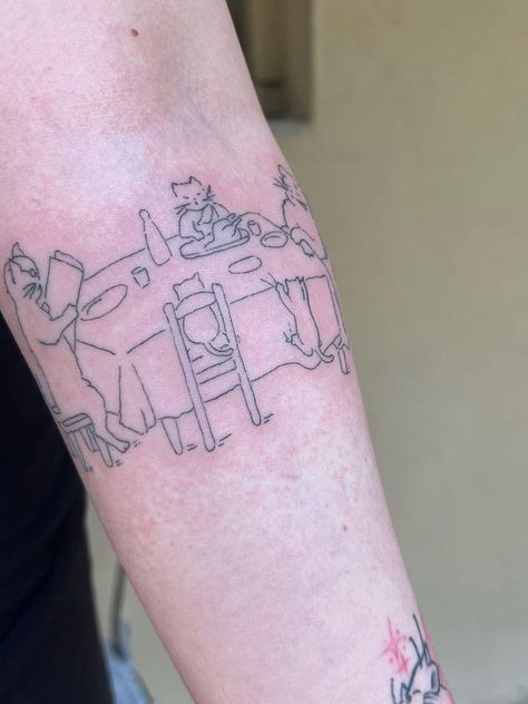 a picture of a fine line tattoo on a girls forearm that depicts a family of cats eating dinner. there is a turkey and the dad is reading a book Cat At Dinner Table, Table Tattoo, Cats Sitting, Single Needle Tattoo, Blackwork Tattoos, Family Tattoo, Family Tattoos, Tattoo Outline, Cat Family