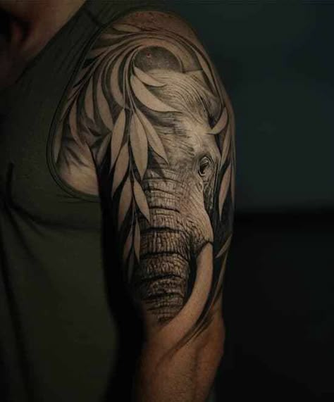 Elephant Tattoos For Men Arm, Elephant Shoulder Tattoo Men, Shoulder Elephant Tattoo, Elephant Tattoo Shoulder, Realism Elephant Tattoo, Elephant Shoulder Tattoo, Jungle Tattoo Design, Tattoo Chest And Shoulder, Eagle Shoulder Tattoo