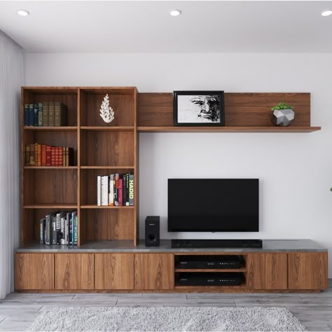 Bookshelf Beside Tv, Asymmetric Media Wall, Bookshelf Near Tv, Tv And Storage Wall, Tv Unit And Library, Tv Unit Bookshelf, Tv Unit With Book Storage, Tv Wall Storage Ideas Living Room, Midcentury Tv Unit