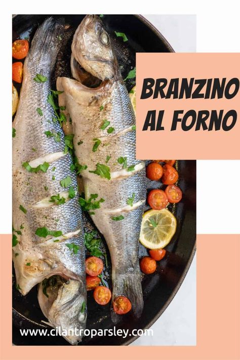 This Branzino Al Forno is made with whole branzino, olive oil, cherry tomatoes, lemon slices, butter, parsley and baked to perfection. Baked Branzino, Mediterranean Branzino Recipe, Branzino Recipe Whole Baked, Roasted Branzino Recipe, Baked Branzino Recipe Filet, Whole Fish Recipes Branzino, Branzino Recipe, Healthy Seafood Dinners, Smoked Fish Dip