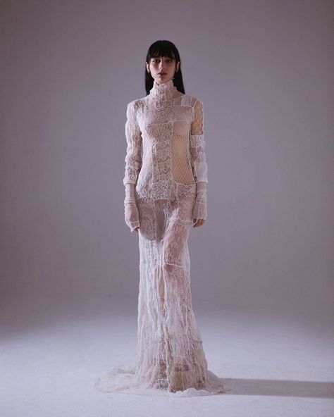 Olivier Theyskens on Instagram: “Alice Pagani @opheliamillaiss wearing a Long Sheer Lace Patchwork Dress in @nastymagazine 🤍 Photo @marcogiulianoph Style @ancamacavei” Dune Inspired Fashion, Lace Patchwork Dress, Olivier Theyskens, Alice Pagani, White Photoshoot, White Sheer Dress, Sheer Wedding Dress, Sheer Gown, Lace Patchwork