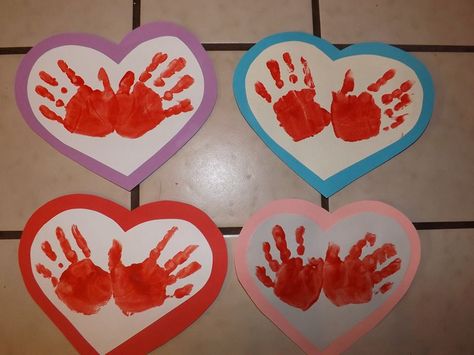 Heart Hand Craft, Hand Print Heart Crafts For Kids, Heart Handprints, School Glue Crafts, Valentine’s Day Hand Print Craft, Mom And Child Handprint Craft, Handprint Heart, Mother’s Day Craft Blowing Hearts, Hand Hart