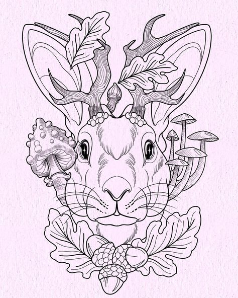 ✨NEO TRAD / JAPANESE / KAWAII✨ on Instagram: “🐰JACKALOPE🐰 . I have this Jackalope and mushrooms available to tattoo , drop me a message if you would like to get it ! . #jackalope…” Japanese Style Animal Tattoo, Jackalope Tattoo Blackwork, American Traditional Jackalope Tattoo, Jackalope Tattoo Design, Neo Trad Japanese, Jackalope Tattoo Traditional, Cryptid Ideas, Jackalope Drawing, Jackalope Skull