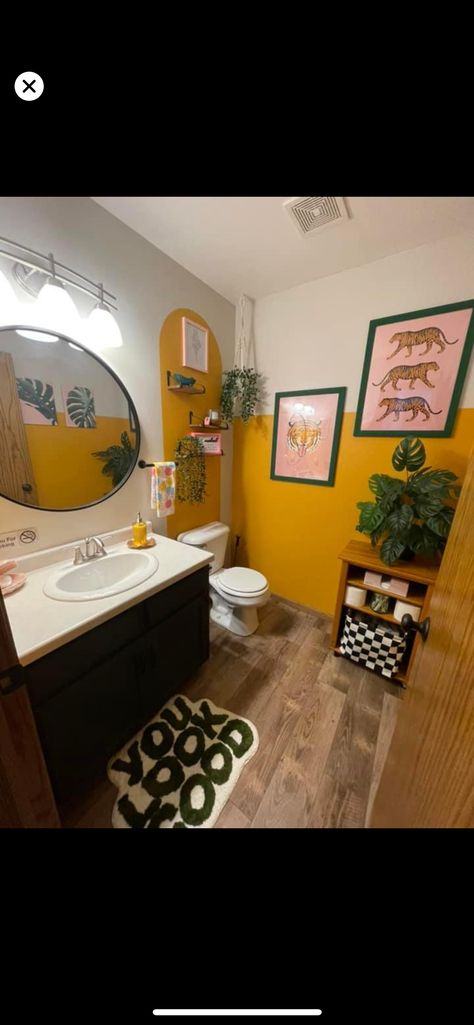 Mustard Colour Bathroom, Bathroom Yellow Walls, Yellow Accent Bathroom, Yellow Bathroom Cabinets, Bathroom Makeover Before And After, Green And Yellow Bathroom, Yellow And Black Bathroom, Mustard Yellow Bathroom, Jungle Bathroom Decor