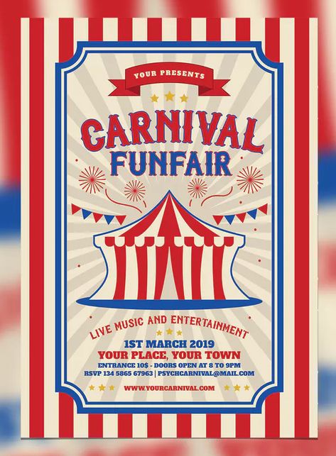 Retro Carnival and Funfair Flyer Template AI, PSD. Download Carnival Design Ideas, Carnival Poster Design, Carnival Flyer, Retro Carnival, Carnival Poster, Fair Poster, Carnival Design, Brochure Design Layouts, Pink Wallpaper Hello Kitty