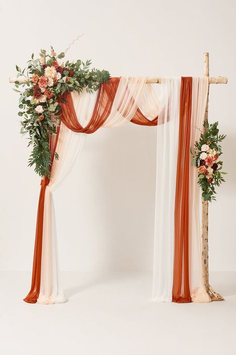 This arch decoration set contains floral arrangements and polyester drapes. Design for your wedding ceremony backdrop, wedding aisle archway decoration, sweetheart table flower decor, bride's and groom's chair back decor. #Setof5for6x9ftLargearch PACKAGE DETAILS: Package: Set of 5, including large corner flower swag x1, tie-back flower x1, ivory drape x1, peach drape x1, burnt orange drape x1, and green cable zip tie x6. Please note: arch stand, candles, candleholders, rose petals, lanterns, and lantern flowers are not included in the package. Size: 1 Large corner flower: 6ft L x 1ft W, the flower part 35" L x 17" W. 1 Tie-back flower: 3ft L x 1ft W, the flower part 19" L x 9" W. 3 Polyester drapes: each drape is 33ft L x 2.5ft W. Suitable size for arch: 5ft x 6ft arch and 6ft x 9ft arch ( Wedding Arch With Drapes And Flowers, Wedding Arch Flowers Terracotta, Arch Piece Wedding, Simple Wedding Arch Ideas Outdoor Ceremony, Fall Wedding Ceremony Arch, Bridal Arch Ideas, Wedding Pillar Decorations, Simple Wedding Arbor, Fall Wedding Backdrops