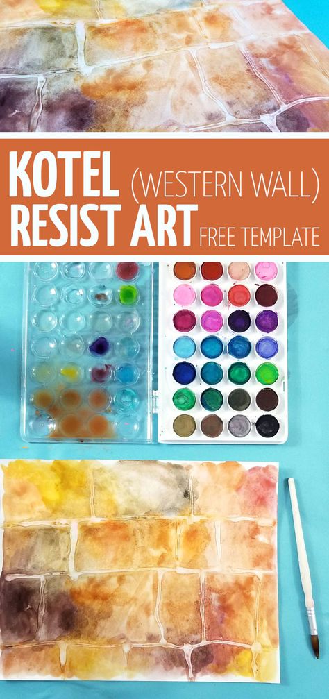 Make this beautiful Kotel art - Western Wall Process art using glue resist and watercolors. Download the free template for this craft - perfect for Tisha B'av crafts for kids and the 9 days. Also great for DIY sukkah decorations for kids - just laminate! Tu B'shvat Crafts, Tisha B'av Craft, Sukkot Crafts For Kids, Diy Sukkah, Sukkot Crafts, Jewish Art Projects, Sukkah Decorations, Yom Haatzmaut, Craft Ideas For Beginners