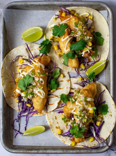 Crispy fish tacos are so good BUT with the addition of my jalapeno Air Fryer Crispy Fish, Crispy Fish Tacos, Apple Salsa, Chicken And Mushroom Pie, Marinara Recipe, Crispy Fish, Living In Nyc, Fish Tacos Recipe, Spicy Salsa