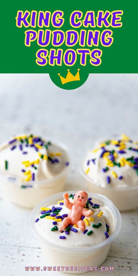 These King Cake Pudding Shots are a fun Mardi Gras themed pudding shot perfect for Fat Tuesday complete with plastic baby. For more recipes follow me here on Pinterest. King Cake Pudding Shots, King Cake Shots, Mardi Gras Themed Food, Mardi Gras Pudding Shots, Mardi Gras Jello Shots, Mardi Gras Shots Recipes, King Cake Drink Recipes, Birthday Cake Pudding Shots Recipe, Mardi Gras Punch