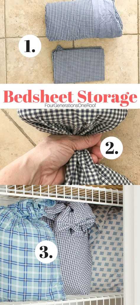 How to Store Bed Sheets In a Pillowcase | 2 Minute Organizing Tips Store Bed Sheets, Farmhouse Style Bedding, Sheet Storage, Style Bedding, Cleaning Supplies Organization, Rustic Light, Gray Farmhouse, Organisation Hacks, Farmhouse Bedding