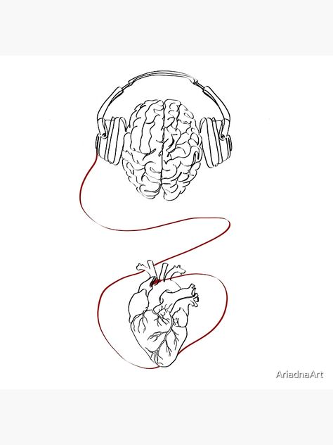 "Continuous line illustration of brain wearing headphones connected to heart. Abstract inspirational illustration encouraging to listen to your heart" Poster for Sale by AriadnaArt | Redbubble Sharing Headphones Drawing, Listen To Your Heart Tattoo, Heart With Headphones, Brain Aesthetic, Headphones Illustration, Headphones Tattoo, Music Universe, Headphones Drawing, Heart Abstract