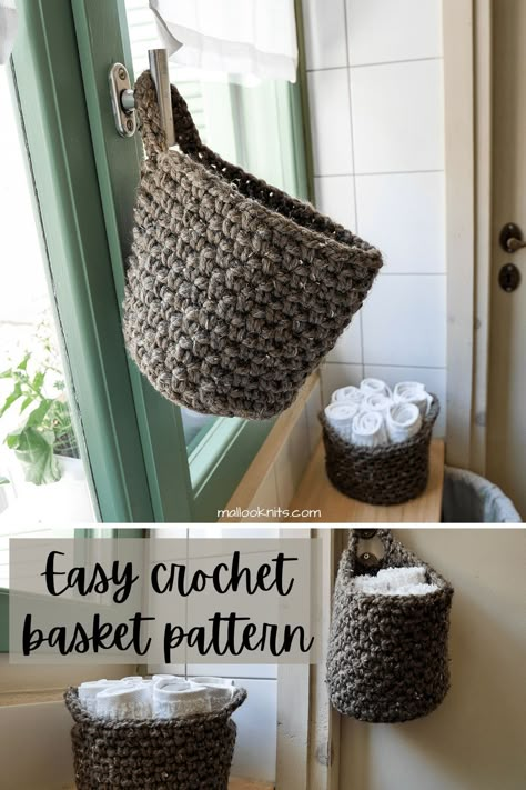 Easy crochet baskets pattern, ideal for beginners. You will need chunky yarn and a couple of hours to make them both! Diy Hanging Wall Baskets, Crochet Teardrop Basket Free Pattern, Crochet Wall Baskets, Crochet Wall Hanging Basket Pattern Free, Crochet Chunky Basket Free Pattern, Wall Basket Crochet Pattern, Crochet Wall Basket, Crochet Basket Easy, Crochet Projects With Chunky Yarn