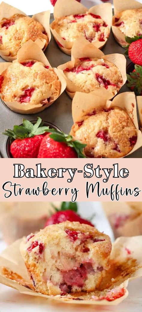 These bakery-style strawberry muffins are moist, sweet, and bursting with fresh strawberry flavor. Perfect for strawberry season or whenever you are craving a sweet snack, these homemade strawberry muffins are perfect with a hot cup of tea, as an easy breakfast, or as a quick snack for your kids! Strawberry Banana Muffins Easy, Deserts Recipes Strawberries, Strawberry Treats For Kids, Strawberry Recipes Muffins, Raspberry Mini Muffins, Healthy Raspberry Muffin Recipes, Strawberry Raspberry Muffins, Single Serve Strawberry Desserts, Best Muffin Recipes Ever Easy