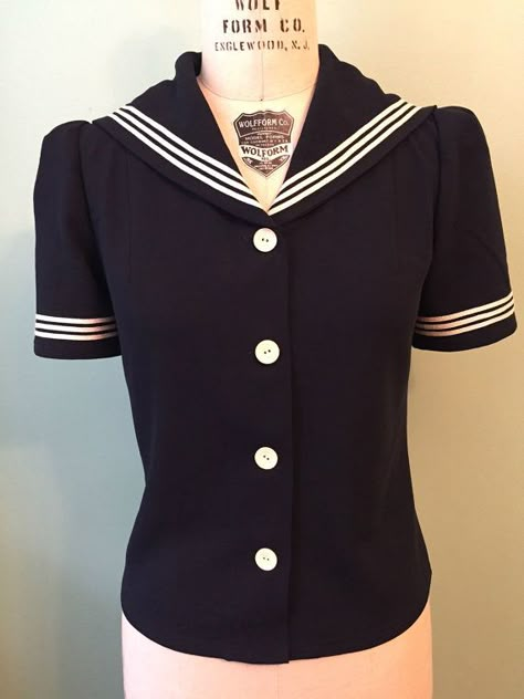 1930s Style Tops, Blouses & Sweaters 1940s 40s puffed sleeve navy sailor top custom made for your size $125.00 AT vintagedancer.com Sailor Blouse, Forties Fashion, Sailor Top, Pastel Kitchen, Sailor Shirt, Sea Ranch, American Girl Doll Clothes Patterns, Navy Sailor, Sailor Style